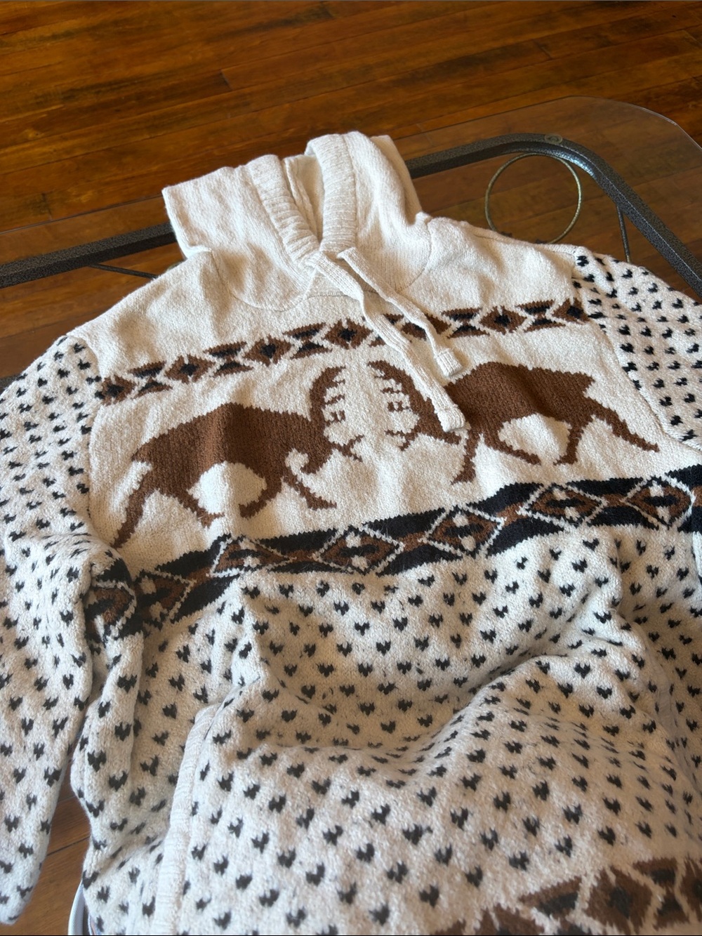 Men's Brown and Cream Hoodie Sweater with Bison Motif